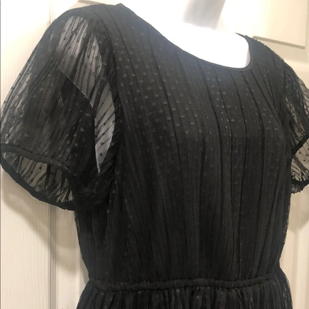 J. Crew Black Dotted Sheer-Sleeve Midi Dress